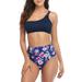 High Waist Swimsuits for Women One Shoulder Bikini Top Floral Print Two Piece Ribbed Bathing Suit