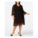 ANNE KLEIN Womens Black Sheer Lined Printed Bell Sleeve V Neck Knee Length Shift Dress Plus Size: 18W