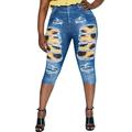 SpringTTC Womens Plus Size High Waist Imitation Denim Floral Print Leggings