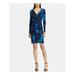 AMERICAN LIVING Womens Blue Jersey Floral Print Long Sleeve V Neck Above The Knee Wear To Work Dress Size: 16