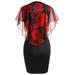 Spftem Fashion Womens Casual Plus Size Rose Print Chiffon O-Neck Ruffles Mini Dress