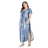 Avamo Women Plus Size Maxi Dress Side Split Pockets Tie-dye Dress V-neck Short-sleeve Casual Loose Summer Beach Long Dress