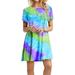 Sexy Dance Womens Boho Beach Dress Ladies Beachwear Tie-dye Print Short Sleeve Mini Dress Girls Casual Round Neck Rainbow Loose Mini Dress