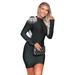 Jocestyle Women Bead Backless Bodycon Long Sleeve Slim Crew Neck Dresses (Black S)