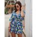 Women's Plus Size Allover Floral Half Button Drawstring Romper