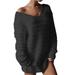 Women Long Sleeve V Neck Sweater Mini Dress Casual Pure Color Long Sweater