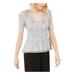 ADRIANNA PAPELL Womens Gray Embellished Floral Short Sleeve V Neck Evening Top Size 12