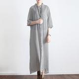 New Fashion Women Long Shirt Dress Striped Print Three Quarter Sleeve Casual Loose Robe Maxi Dress Black