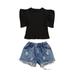 Calsunbaby Baby Girls Set Top Denim Shorts Casual Outfit Black 5-6T