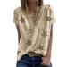 Women's V Neck Short Sleeve Lace Neck T-shirt, Summer Star Blouses Vintage Elegant Tunic Shirt Tops, Khaki, L