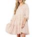 Doublju Women's Round Neck 3/4 Sleeve Tiered Ruffle Floral Flowy Mini Dress