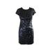 RALPH LAUREN Womens Navy Sequined Polka Dot Short Sleeve Jewel Neck Mini Sheath Party Dress Petites Size: 2