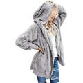 Women's Hooded Placket Jacket With Pocket Winter Fleece Fur Jacket Open Front Hooded Cardigan Coat Outwear