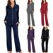 Women's V-neck Long Sleeve Trousers Pajamas Suit Dark Blue Plus Size Women Clothes Suits