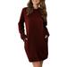 Women's Long Sleeve Pocket Casual Loose T-Shirt Dress Solid Color Round Neck Pullover Sweatshirt Ladies Plain Tunic Blouse Dresses Tops