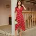 ZEROFEEL Women Summer Ruffled Dress V neck Ladies Floral Short Sleeve Elegant Casual Boho Red Vestidos