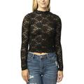 Almost Famous Womens Juniors Stretch Brushed Lace Crop Top with Curly Purl Hems Black