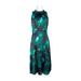 London Times Ruffled Neck Sleeveless Tie Waist Multi Print Charmeuse Dress-BLACK GREEN