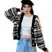 Women's Striped V-Neck Casual Open Front Casual Knit Sweaters Coat Long Sleeve Button Up Knitted Short Cardigan Tops