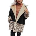 Women Color Block Coat, Long Sleeve Lapel Leopard Jacket Autumn and Winter Cardigan