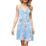 Women Ladies Summer V Neck Short Mini Dress Casual Loose Short Mini Dress Beach Sundress Sleeveless Boho Floral Printed Dress Ladies Casual Swing Dress