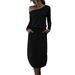 Women Loose Long Sleeve Dress Off Shoulder Pocket Side Split Shirt Dress Lace Up Waist Overall Dresses for Ladies Casual Plain Wrap Dress