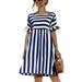 Sexy Dance Women Stripe Print Short Sleeve Flare Dress Ruffle Sundress Color Block Stitching Charming Pockets Dress for Trendy Lady Navy Blue L=US 12