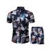 MAWCLOS Mens Summer Casual 2 Piece Suits Button Down T-Shirts Tops Elastic Wais Drawstring Trunk Pants Outfits Print Beach Sets