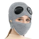 Men's Warm Winter Hats Knitted Beanie Caps Face Mask Goggle Outdoor Ski Casual