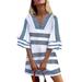 UKAP Women V Neck Summer Beach Cover Up Short Dress Loose Casual Kaftan Beach Sundress Ladies Holiday Party Striped Mini Dress