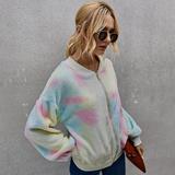 Women Tie-dye Fluffy Zip Up Coat Ladies Winter Warm Plush Lapel Jacket Overcoat