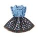 Children Floral Print Denim Dress with Ruffles, Girls Sleeveless Lapel Neck High Waist Mesh Sundress