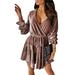 Julycc Womens Velvet Ball Gown Long Sleeve V Neck Evening Party Mini Dress