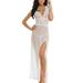 Women Sexy Long Dressing Night Gown Sheer Transparent Dress Nightgown Lingerie +Thong Set White M