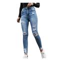 Jpgif Women Button High Waist Pocket Elastic Hole Jeans Trousers Slim Denim Pants