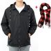 LELINTA Men's Big and Tall Outdoor Lightweight Windbreaker Jacket with Warm Scarve Hooded Waterproof Rain Jacket Drawstring Hooded Zip-Up Sport Windbreaker, up to Size 8XL, Black/ Grey