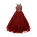 Girls Burgundy Dazzling Halter Beaded Tulle Special Occasion Dress