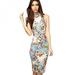 Womens Floral Bodycon Midi Dress Mock Neck Sleeveless Dress Ladies Slim Fit Package Hip Dress