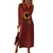 Sexy Dance Plus Size Long Sleeve T Shirt Dress For Women Print Maxi Dress Ladies Holiday Party Split A-Line Dresses Casual Loose Sunflower Print Tunic Kaftan Dress