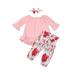 3 Pcs Infant Baby Girl Outfits, Long Sleeve Round Neck Ruffle Pullover + Floral Trousers + Headband