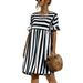 UKAP Women Crew Neck Skate Swing Dress Summer Boho Flare Dresses Short Sleeve Striped Tunic Dress with Pockets Black S=US 4-6