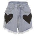 hirigin Women High Rise Denim Shorts, Heart Patchwork Frayed Hem Short Jeans