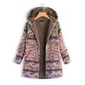 Womens Winter Warm Thick Plush Coat Jacket Floral Print Hooded Vintage Overcoat