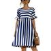 Avamo Women's Summer Midi Dress Round Neck Stripe Pattern Short Flowy Dress Office Lady Business Casual Tunic Top Dress Navy Blue L=US 12