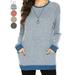 GustaveDesign Women's Long Sleeve Sweatshirts Color Block Round Neck Loose Blouses Oversized Pocket Pullover Tops "Blue, M"