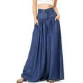 Ladies Summer Casual Loose Black Denim Blue Trousers High Waist Pockets Wide Leg Pants