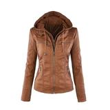 Meterk Cross-border explosion models European and American long-sleeved ladies leather jackets pu leather women's short coat women's jacket brown L