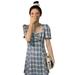 Jocestyle Plaid Dress Women Lace Square Neck Puff Sleeve Mini A-line Dress (Blue S)
