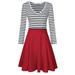 Women Casual Striped V Neck Tunic Swing Dress Long Sleeve Mini Cocktail Dresses Color:Claret Size:S