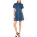 Allegra K Women's Denim Dress Puff Short Sleeve Button Shirt Dresses